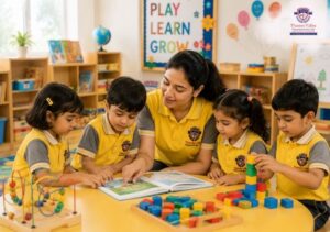 Parents visiting a preschool campus and observing classrooms before admission