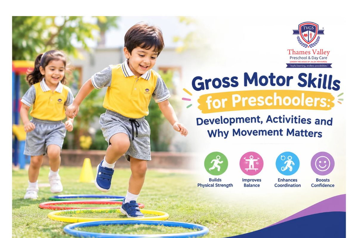 Preschool child and parent learning about gross motor skills for preschoolers