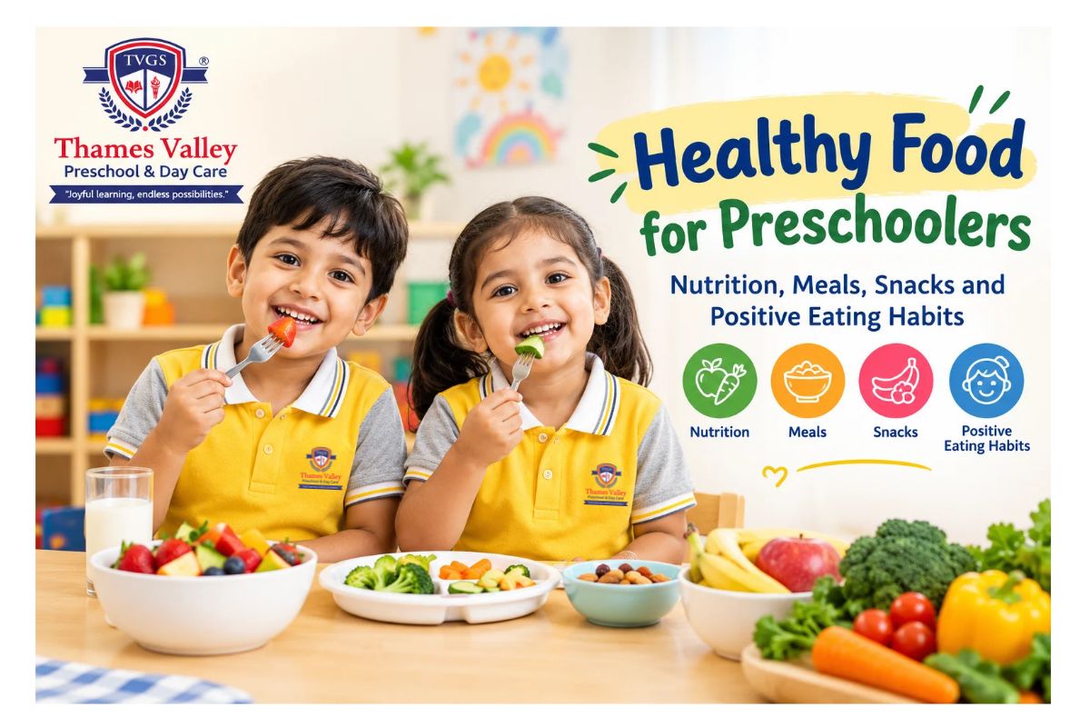 Preschool child and parent learning about healthy food for preschoolers