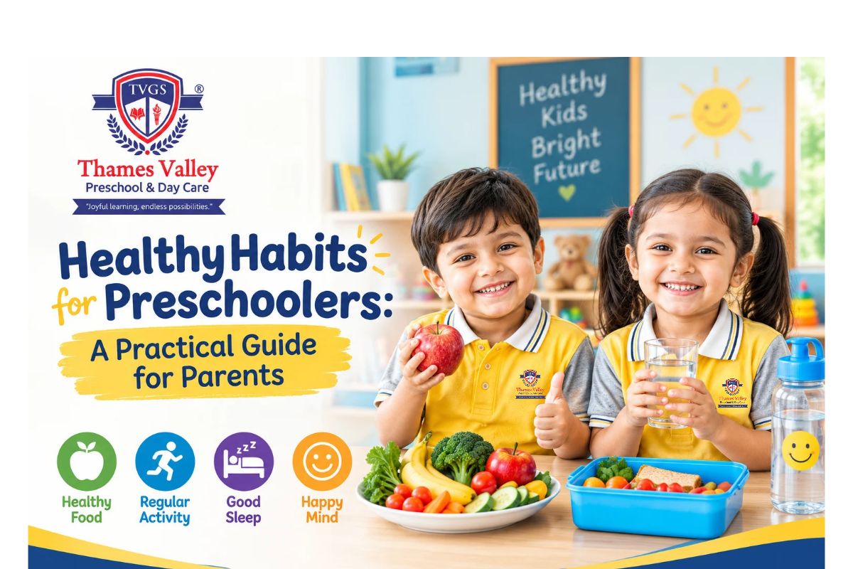 Preschool child and parent learning about healthy habits for preschoolers