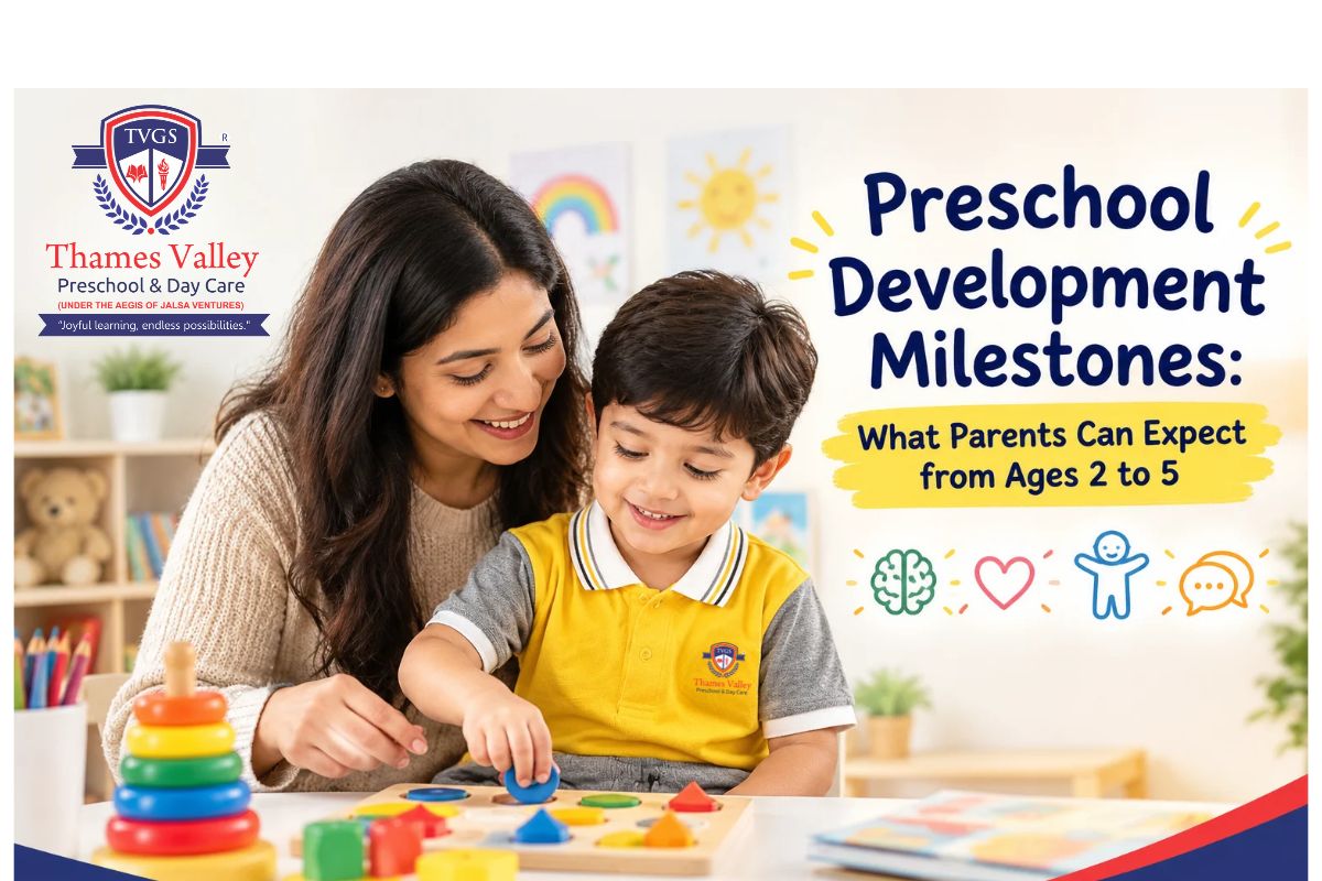 Preschool child and parent learning about preschool development milestones