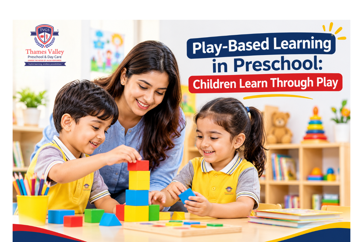 Preschool child and parent learning about play-based learning in preschool